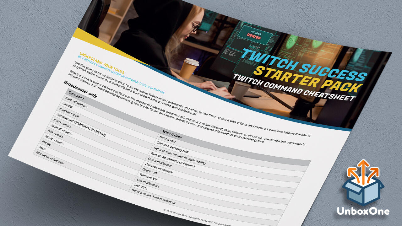 UnboxOne – Product Example (Twitch Command Cheetsheet)